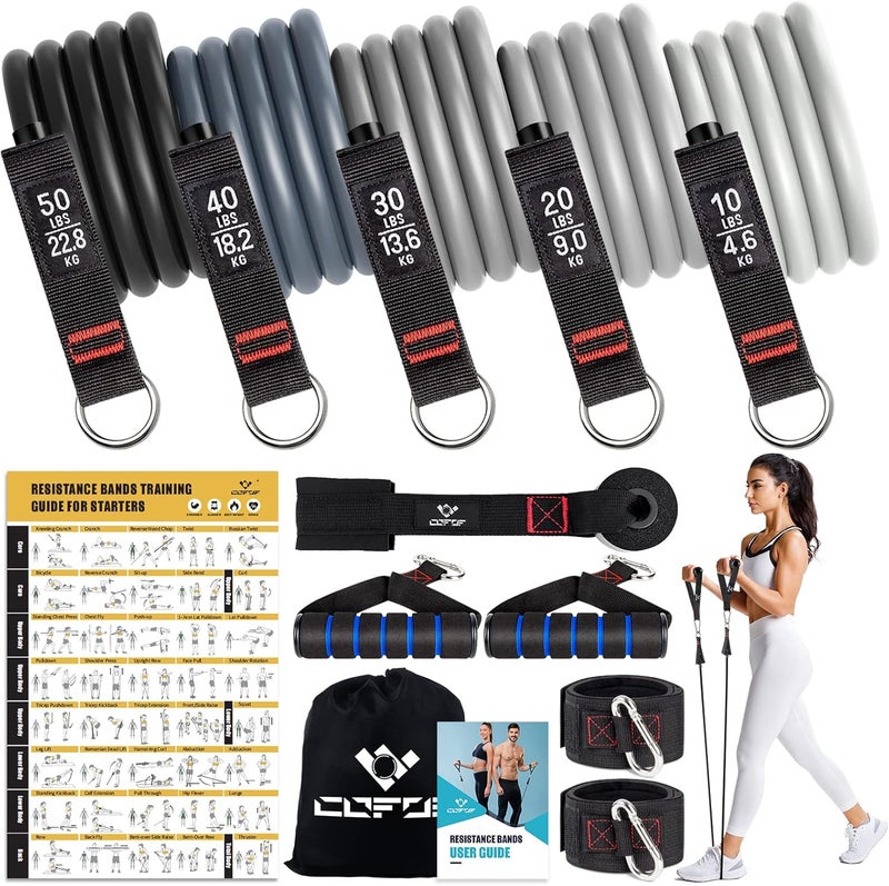 COFOF Resistance Bands with Handles for Women, 5 Level Exercise Bands Workout Bands for Physical Therapy, Yoga, Pilates, Door Anchor, Storage Pouch - Image 1